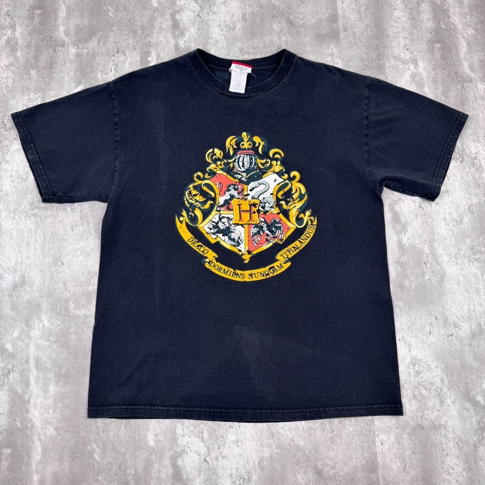 Vintage Harry Potter Hogwarts T-Shirt Mens Medium Black Crest School Movie Promo